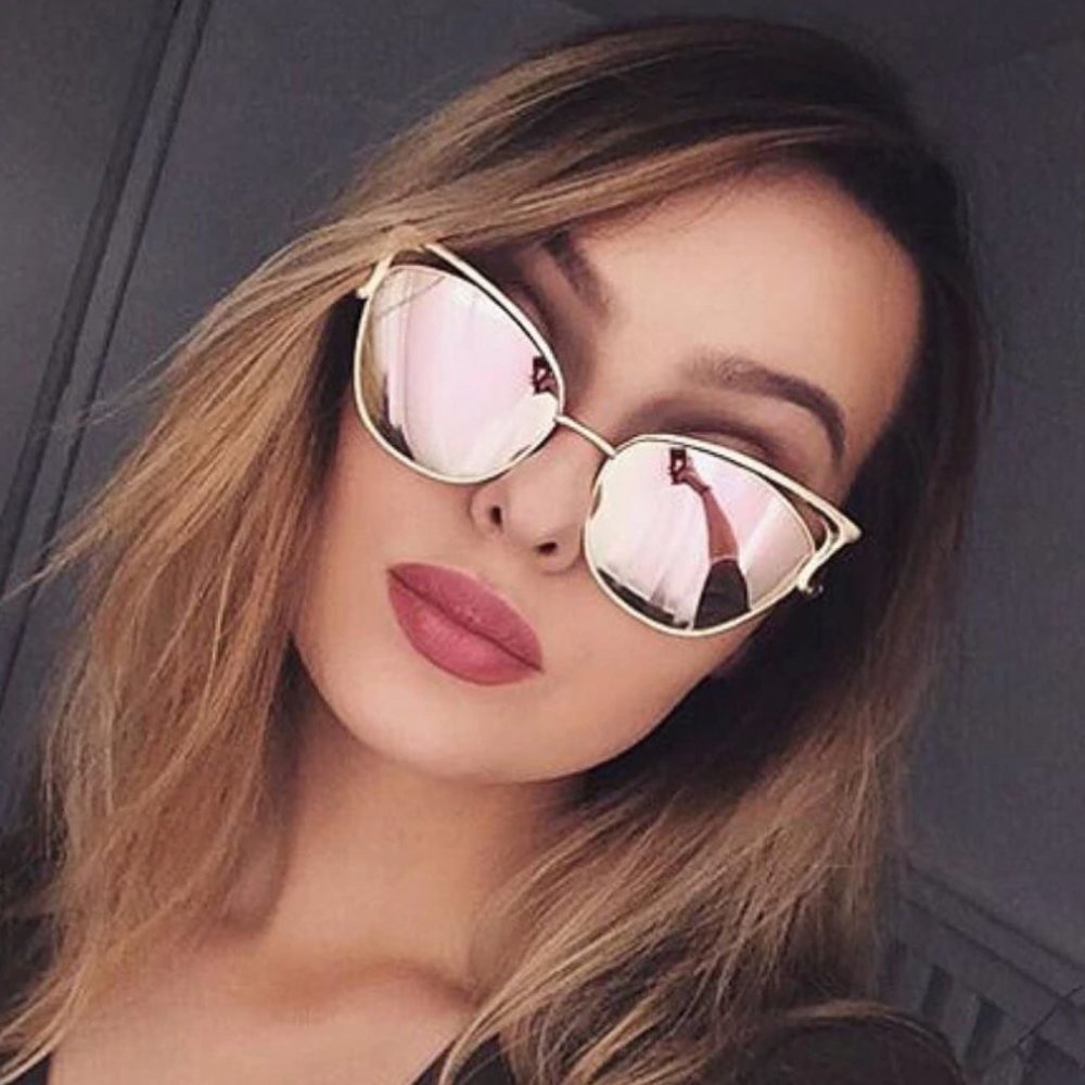 Pink + Rose Gold Mirror Cat Eye Aviator Sunglasses Oversized Pilot Sunglasses - Picture 2 of 4